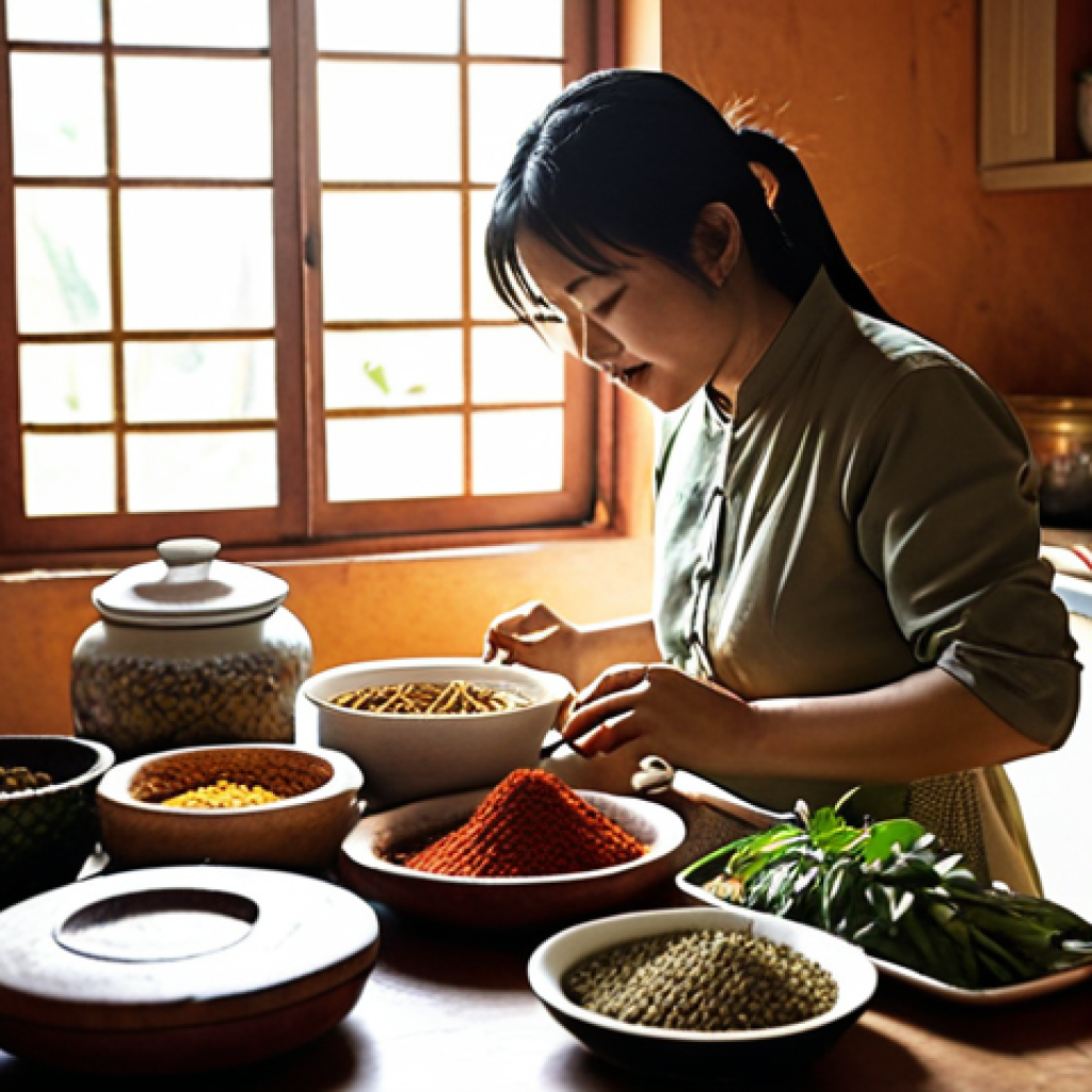 **

A cozy Vietnamese kitchen scene, focusing on a mother figure adding spices to a traditional dish. The kitchen is filled with natural light. Jars and containers of various colorful spices are visible, neatly organized. Emphasis on the textures of the ingredients like fresh herbs, chilies, and roots. Soft, warm lighting to evoke a sense of "home." Use a photo realistic style.

**