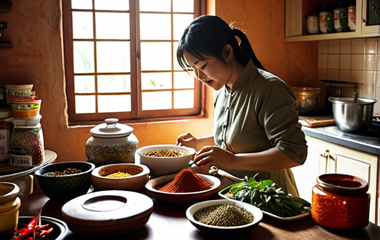 **
A cozy Vietnamese kitchen scene, focusing on a mother figure adding spices to a traditional dish. The kitchen is filled with natural light. Jars and containers of various colorful spices are visible, neatly organized. Emphasis on the textures of the ingredients like fresh herbs, chilies, and roots. Soft, warm lighting to evoke a sense of "home." Use a photo realistic style.
**
