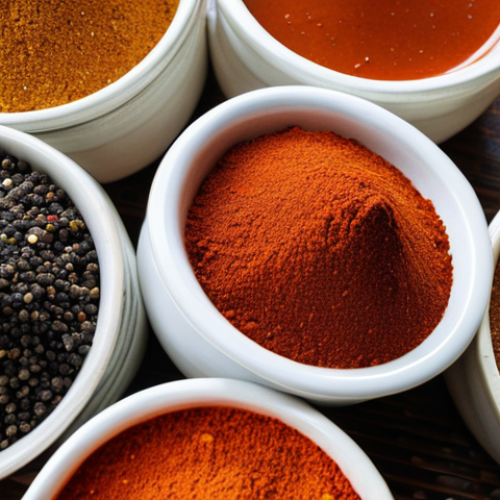 Home 6 **Image Prompt:** A close-up shot of various traditional Vietnamese spices (chili powder, black pepper, fish sauce) showcasing their colors and textures. Emphasize the freshness and quality of the spices.