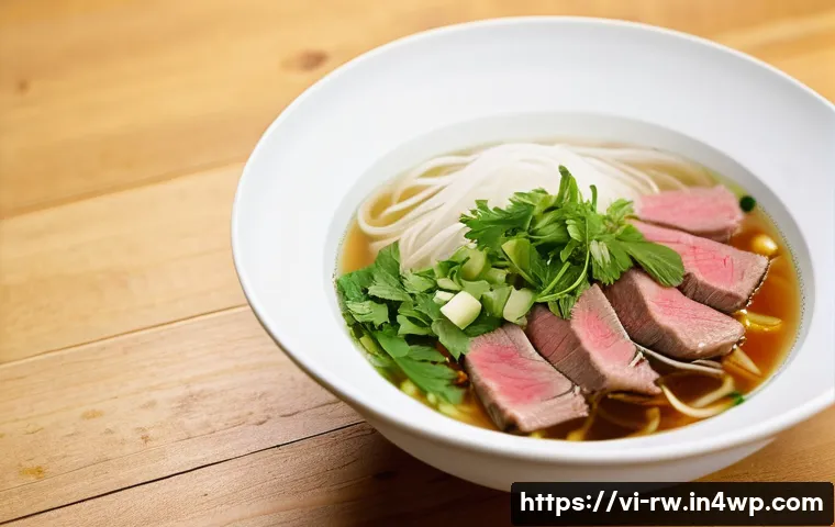 전통 조미료의 지역별 인기 요리 - **Northern Vietnamese Phở Hà Nội (Elegant and Aromatic)**
"A close-up, top-down shot of a steami...