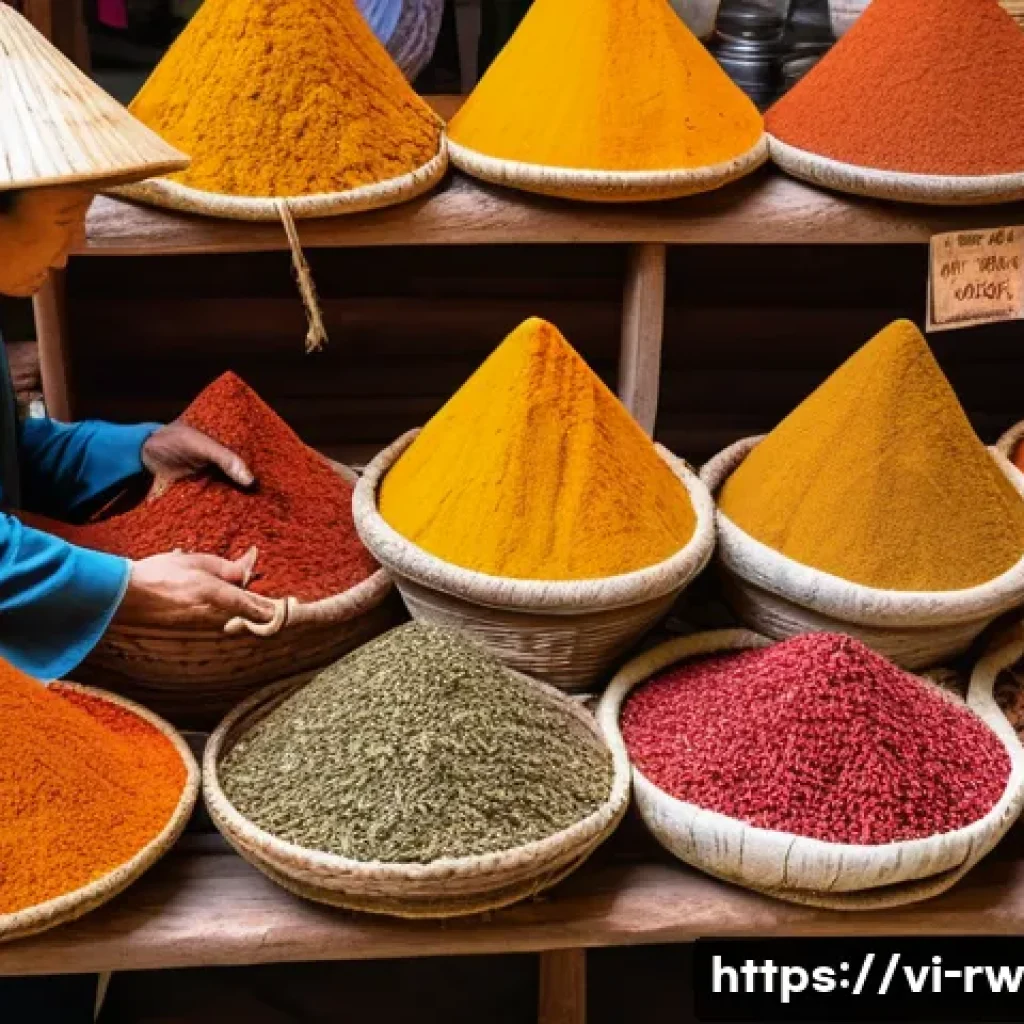 전통 조미료의 품질 인증 제도 - A traditional Vietnamese spice market scene, featuring colorful baskets and jars filled with various...