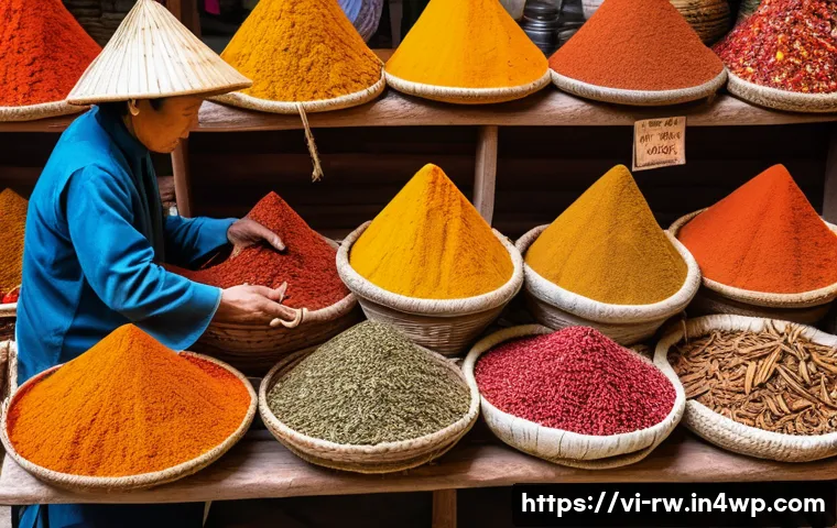 전통 조미료의 품질 인증 제도 - A traditional Vietnamese spice market scene, featuring colorful baskets and jars filled with various...