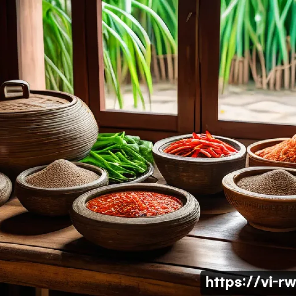 전통 조미료로 유명한 지역 탐방 - A vibrant traditional Vietnamese kitchen scene in Central Vietnam featuring a rustic wooden table wi...