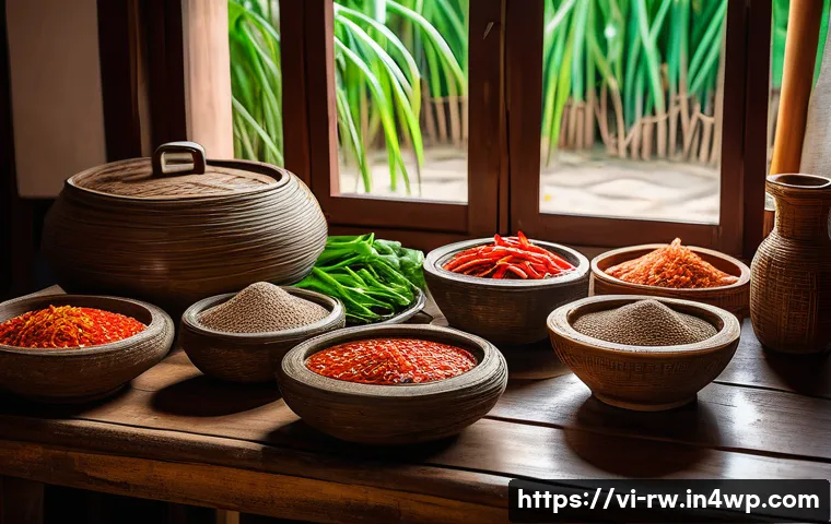 전통 조미료로 유명한 지역 탐방 - A vibrant traditional Vietnamese kitchen scene in Central Vietnam featuring a rustic wooden table wi...