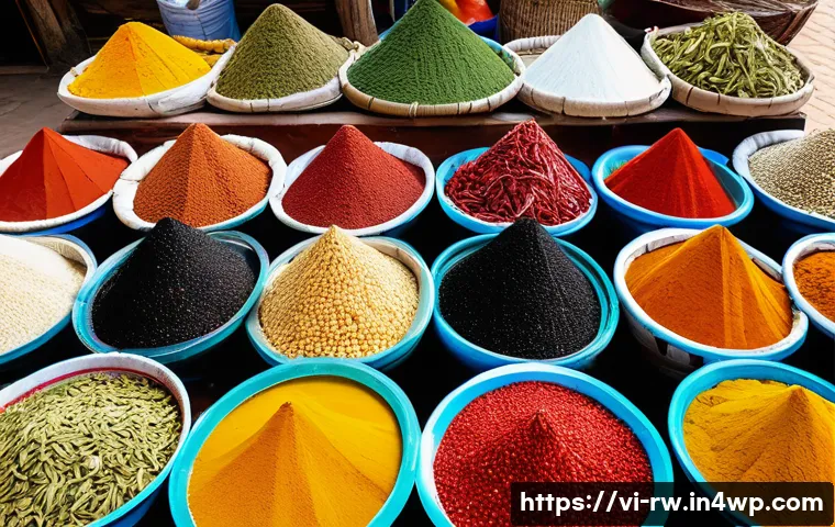 전통 조미료의 역사적 가치 - A vibrant Vietnamese traditional market scene showcasing a variety of regional spices and condiments...