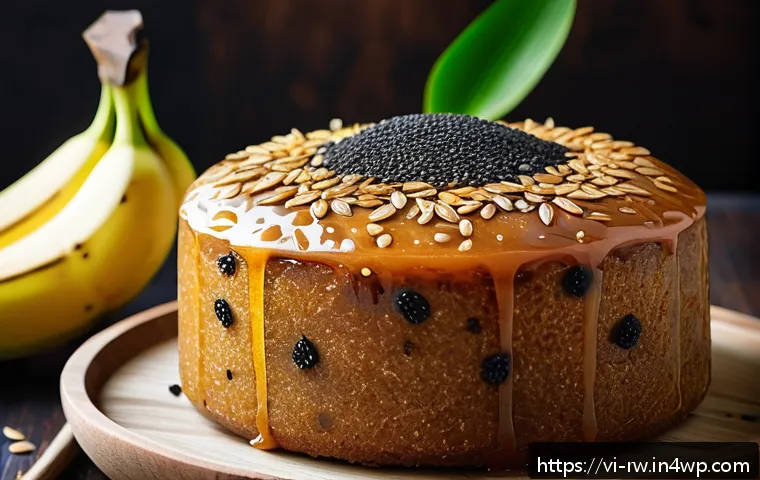 전통 조미료를 이용한 디저트 레시피 - A close-up shot of a traditional Vietnamese steamed banana cake made with palm sugar and topped with...