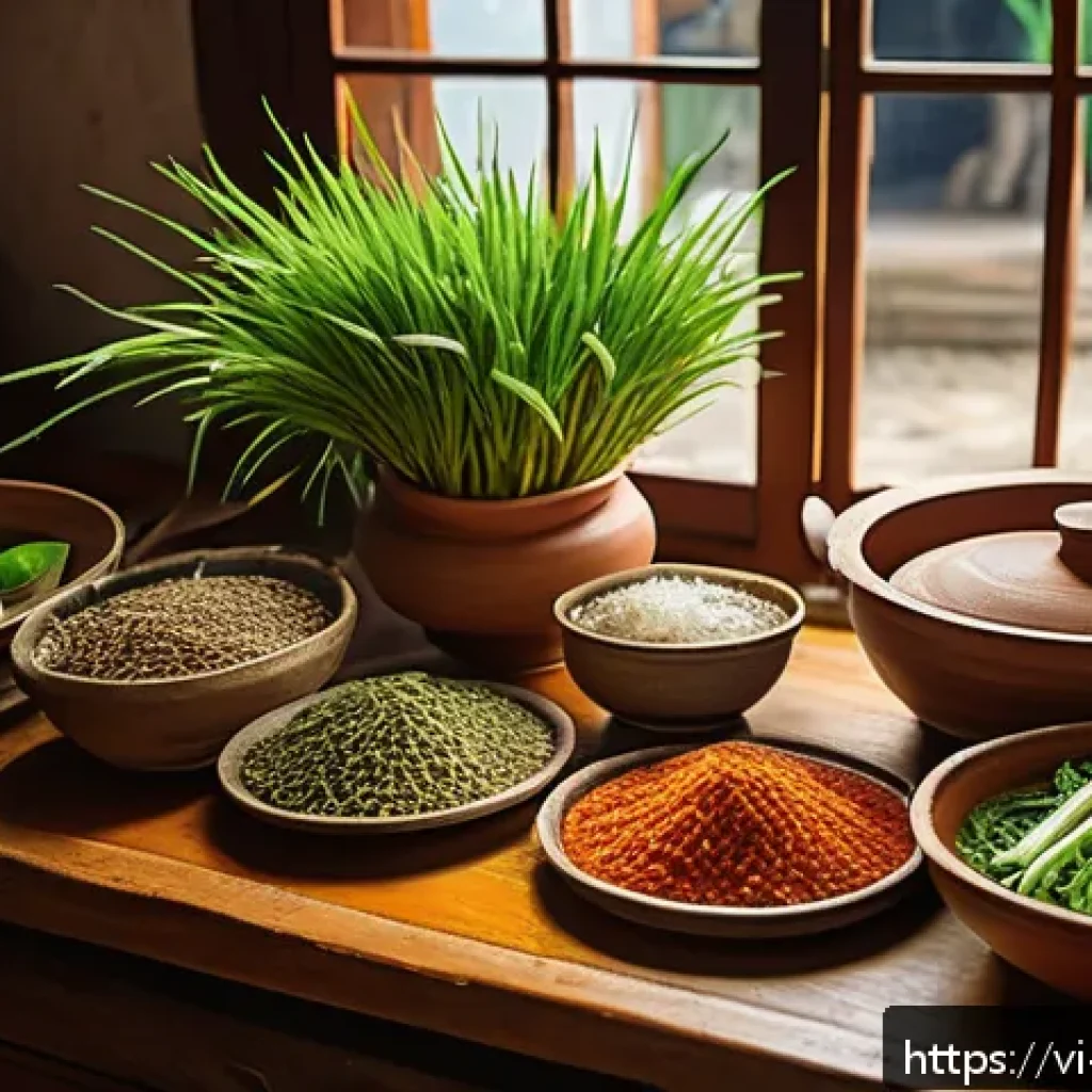 전통 조미료로 만든 전통 음식의 매력 - A vibrant Vietnamese kitchen scene showcasing a rustic wooden table filled with traditional spices: ...