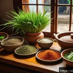 Home 19 전통 조미료로 만든 전통 음식의 매력 - A vibrant Vietnamese kitchen scene showcasing a rustic wooden table filled with traditional spices: ...
