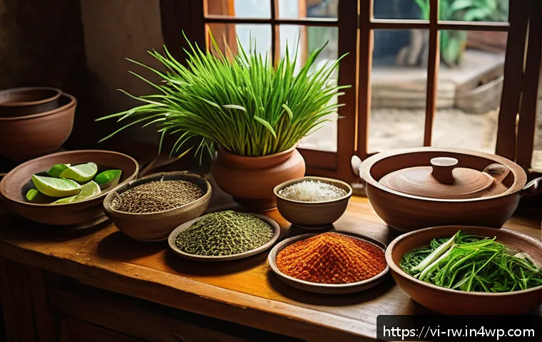 전통 조미료로 만든 전통 음식의 매력 - A vibrant Vietnamese kitchen scene showcasing a rustic wooden table filled with traditional spices: ...