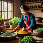 Home 18 조미료의 시대별 진화 과정 - A vibrant traditional Vietnamese kitchen scene featuring a middle-aged Vietnamese woman in modest, t...