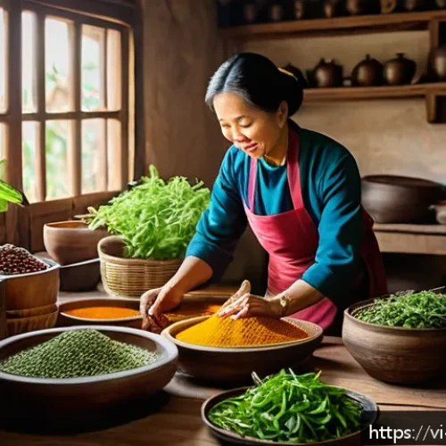 Home 30 조미료의 시대별 진화 과정 - A vibrant traditional Vietnamese kitchen scene featuring a middle-aged Vietnamese woman in modest, t...
