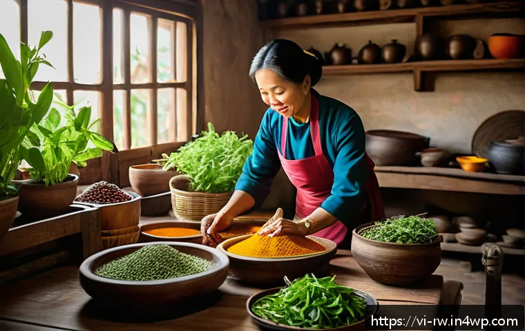 조미료의 시대별 진화 과정 - A vibrant traditional Vietnamese kitchen scene featuring a middle-aged Vietnamese woman in modest, t...