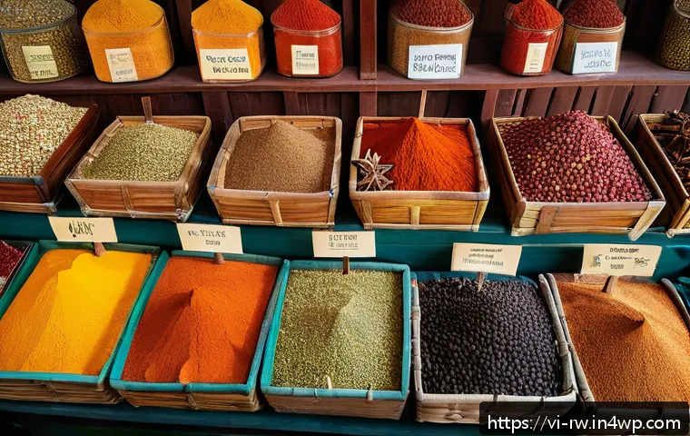 전통 조미료의 전시회와 박람회 - A vibrant Vietnamese traditional spice market stall showcasing various spices like cinnamon sticks, ...