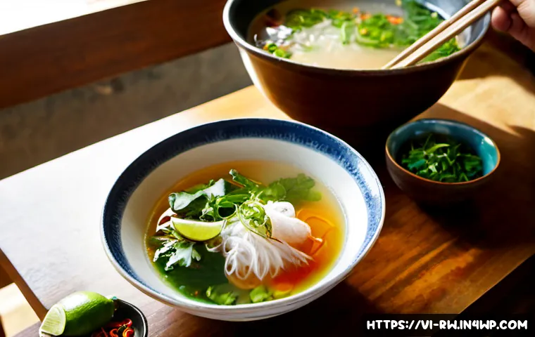 한국과 일본의 조미 원칙 차이점 - Photorealistic Vietnamese home kitchen at golden afternoon, a cook preparing a vibrant bowl of pho b...
